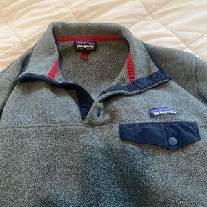 Classic Synchilla dark grey Patagonia sweater.